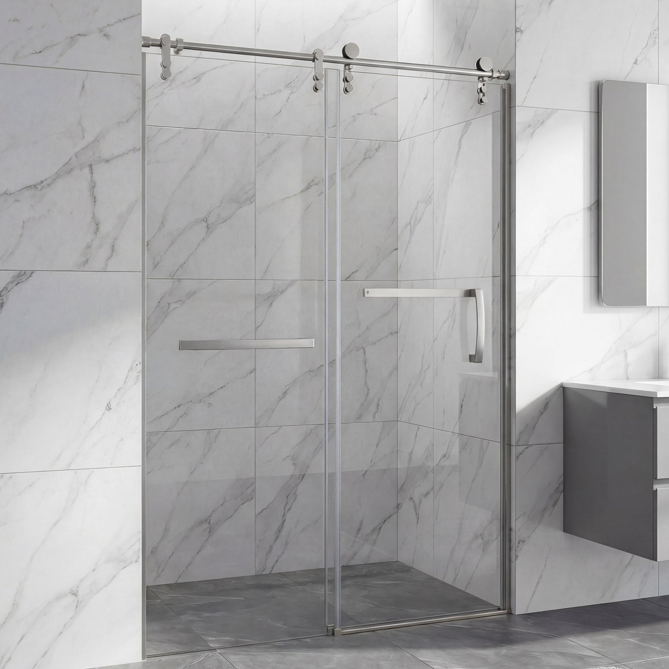 Frameless Double Sliding Shower Door with Side Panel & Towel Bar, Stainless Steel