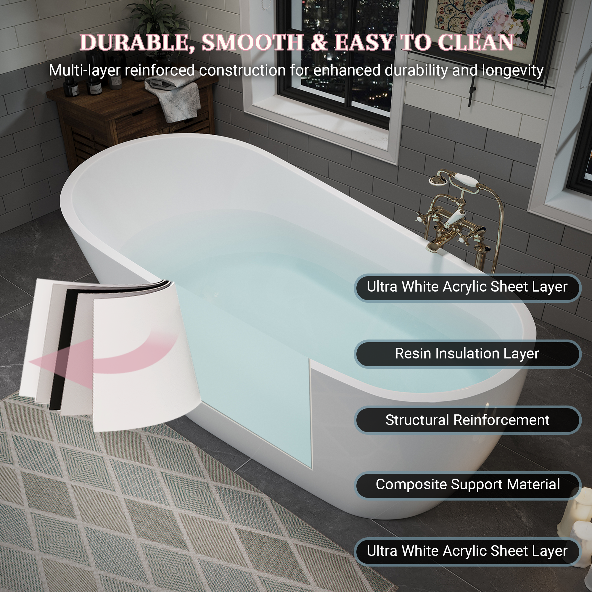 55" Acrylic Freestanding Soaking Bathtub with Pop-Up Drain and Overflow in Gloss White