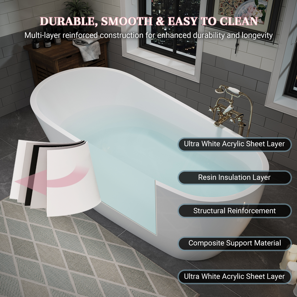 55" Acrylic Freestanding Soaking Bathtub with Pop-Up Drain and Overflow in Gloss White