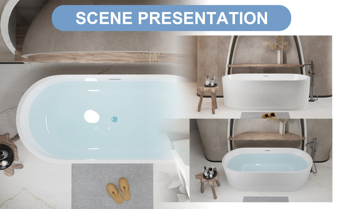 59"Linear AcrylicFreestanding Soaking Bathtub with Pop-Up Drain and Overflow in Gloss White