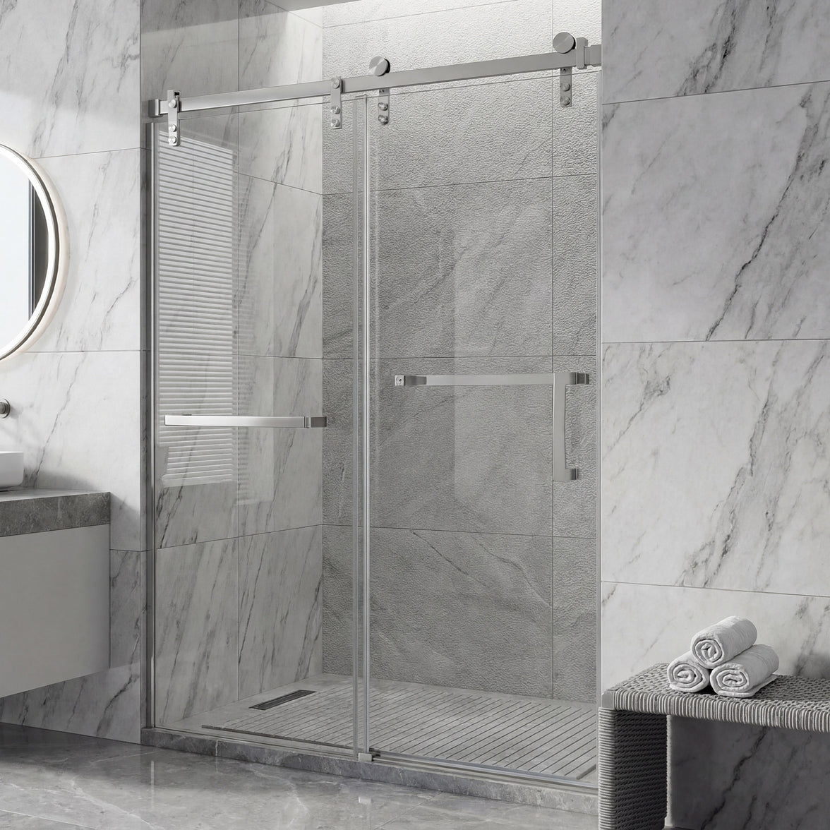 Frameless Double Sliding Shower Door with Towel Bar, Stainless Steel 8mm