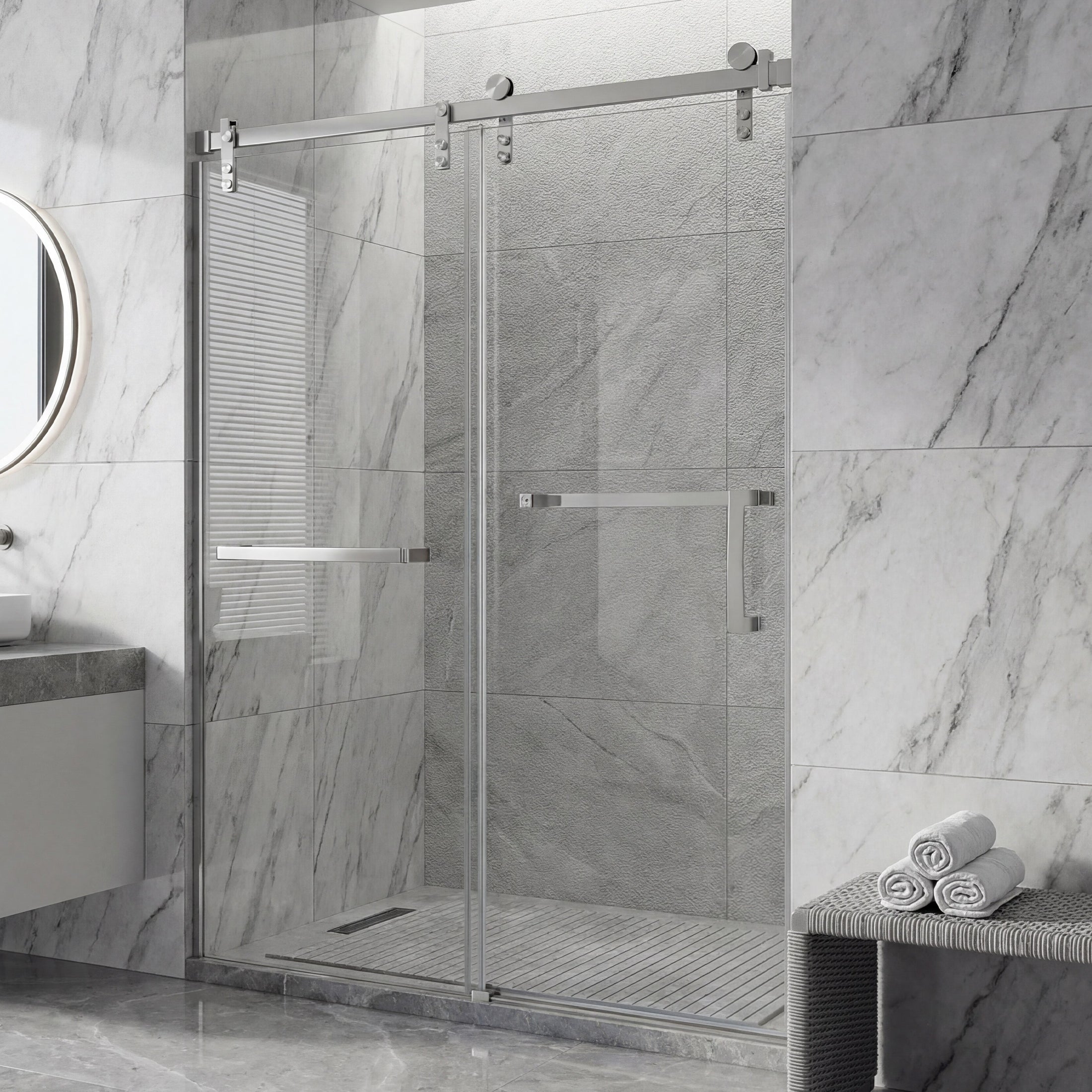 Jade 60"-64" W x 76" H Semi-Frameless Single Sliding Shower Door with 3/8"(10mm) Tempered Clear Glass and Soft-Close