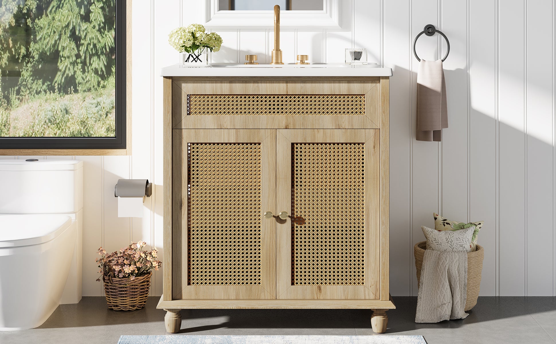 30" Freestanding Bathroom Vanity with Resin Sink, Rattan Doors and Soft-Close Storage