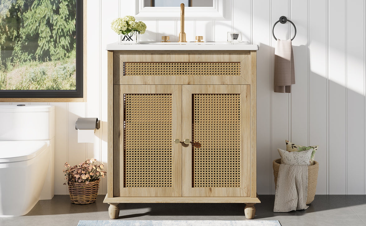 30" Freestanding Bathroom Vanity with Resin Sink, Rattan Doors and Soft-Close Storage