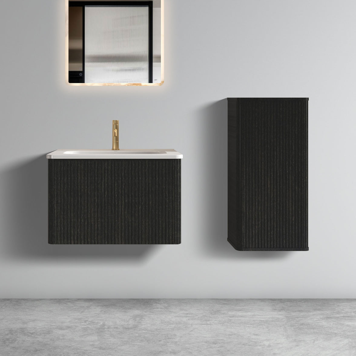 24" Striped Walnut Wall-Mounted Bathroom Vanity with integrated White Ceramic Sink, Fully Assembled