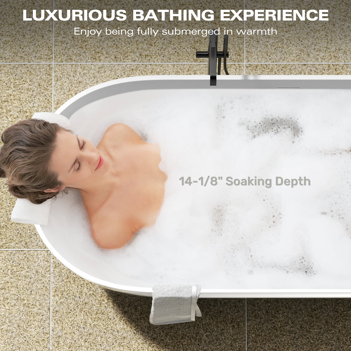 59" Freestanding Solid Surface Bathtub with Pop-Up Drain and Overflow in Matte White