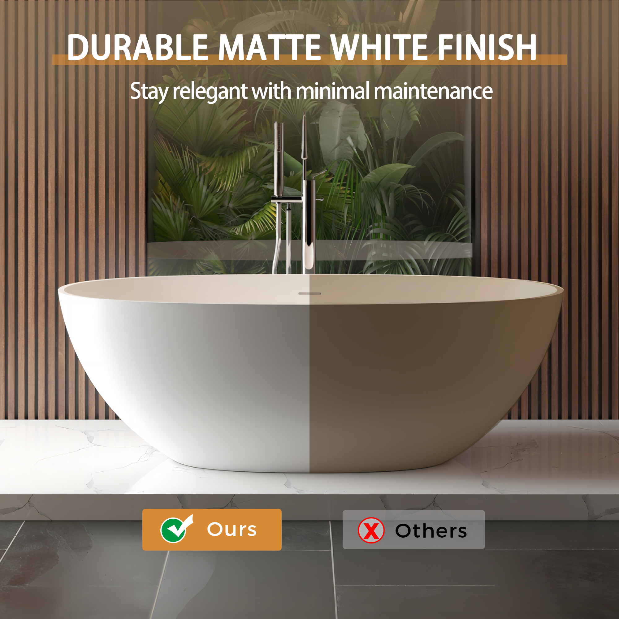 65" Freestanding Solid Surface Bathtub with Pop-Up Drain and Overflow in Matte White