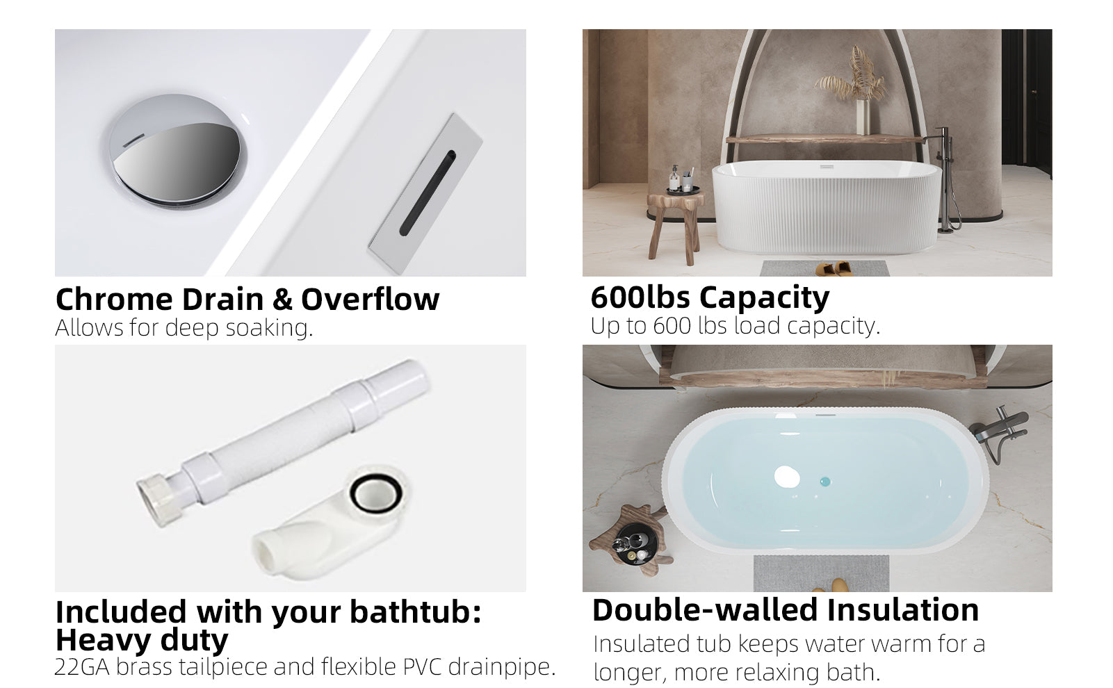 59"Linear AcrylicFreestanding Soaking Bathtub with Pop-Up Drain and Overflow in Gloss White