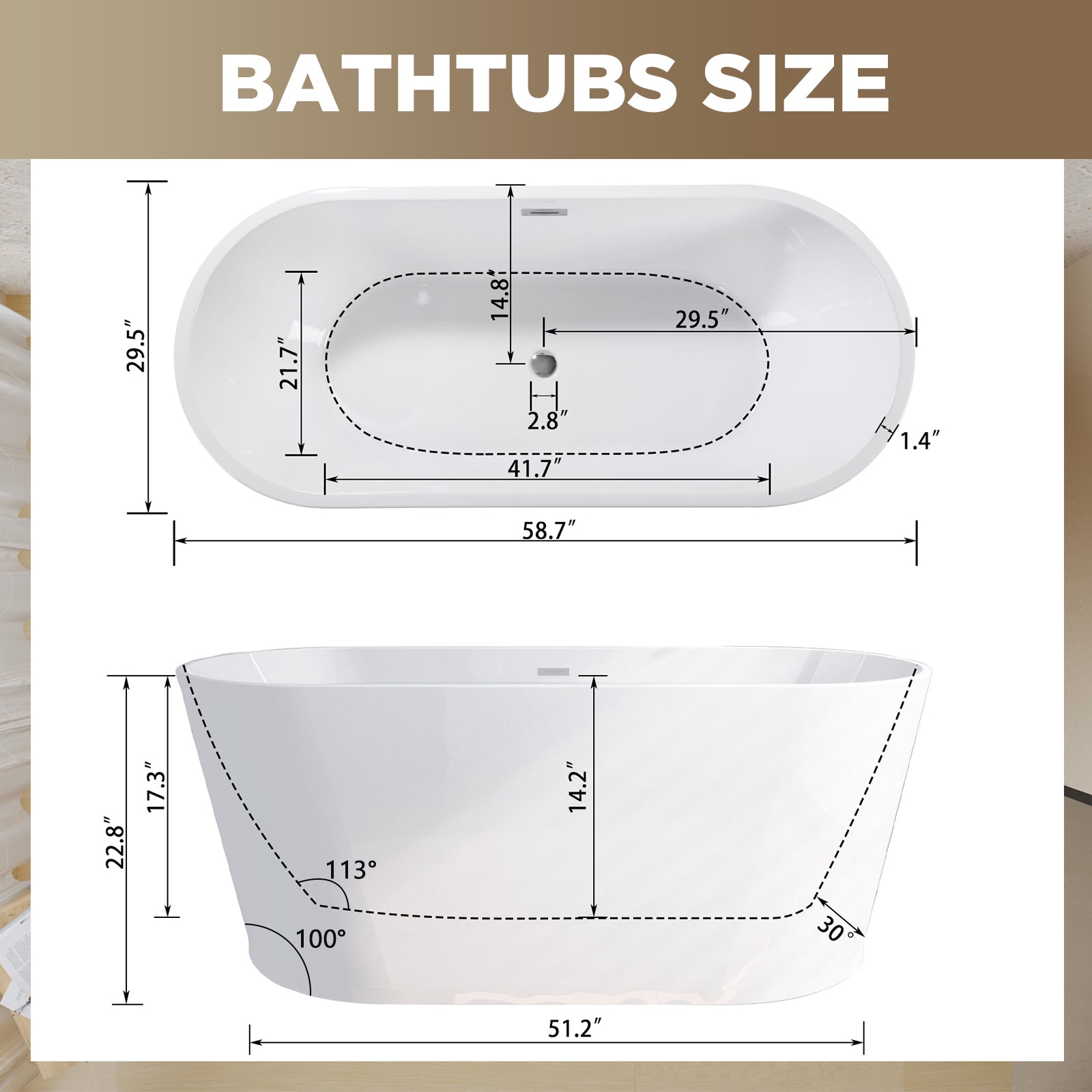 59" Acrylic Freestanding Soaking Bathtub with Center Drain and Overflow in White