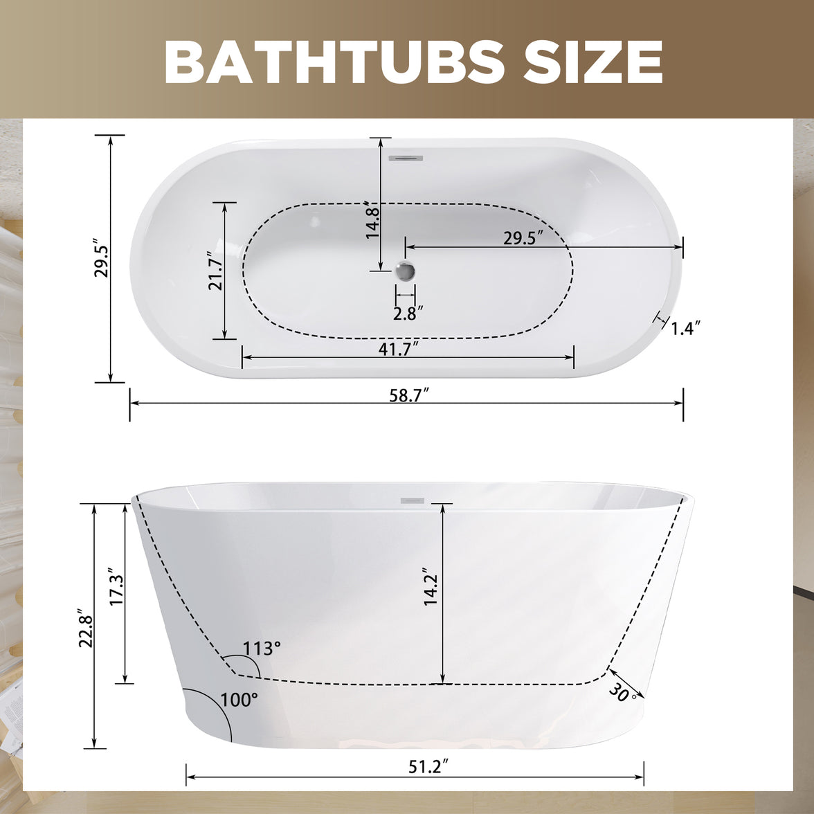 59" Acrylic Freestanding Soaking Bathtub with Pop-Up Drain and Overflow