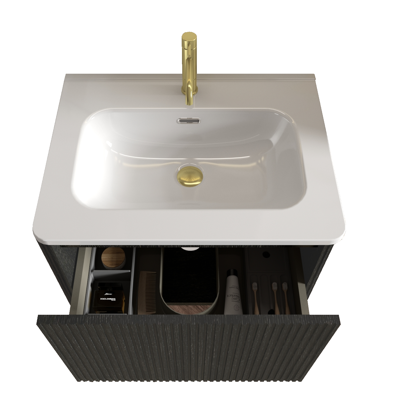 24" Striped Walnut Wall-Mounted Bathroom Vanity with integrated White Ceramic Sink, Fully Assembled