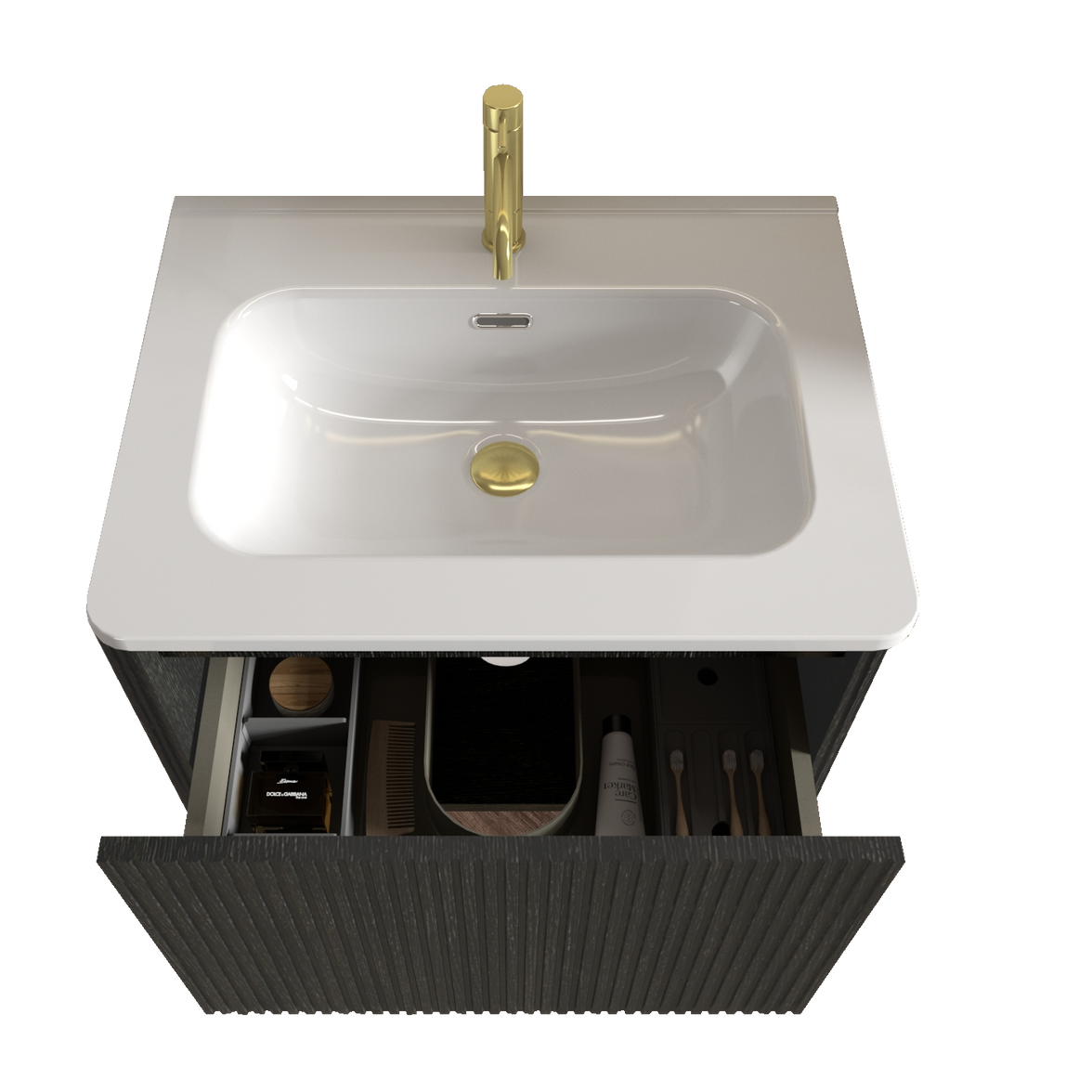 24" Striped Walnut Wall-Mounted Bathroom Vanity with integrated White Ceramic Sink, Fully Assembled