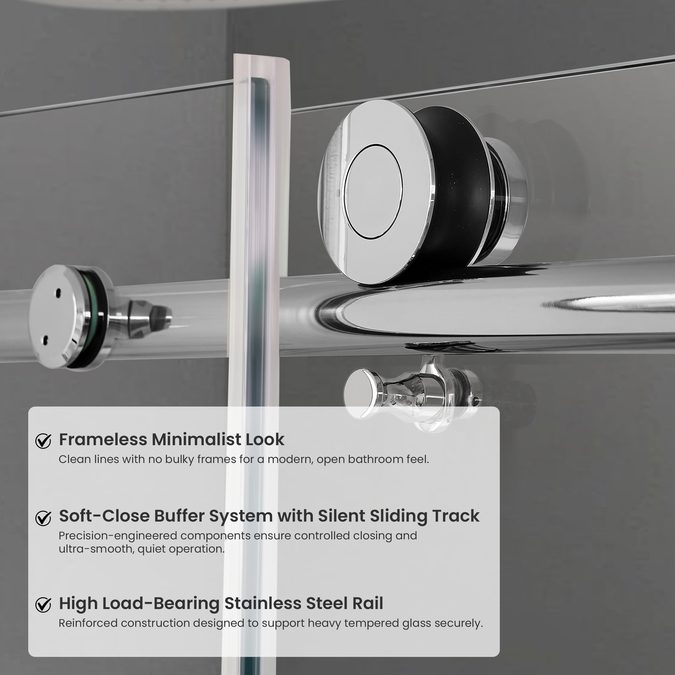 Frameless Double Sliding Shower Door with Side Panel & Single Handle, Stainless Steel