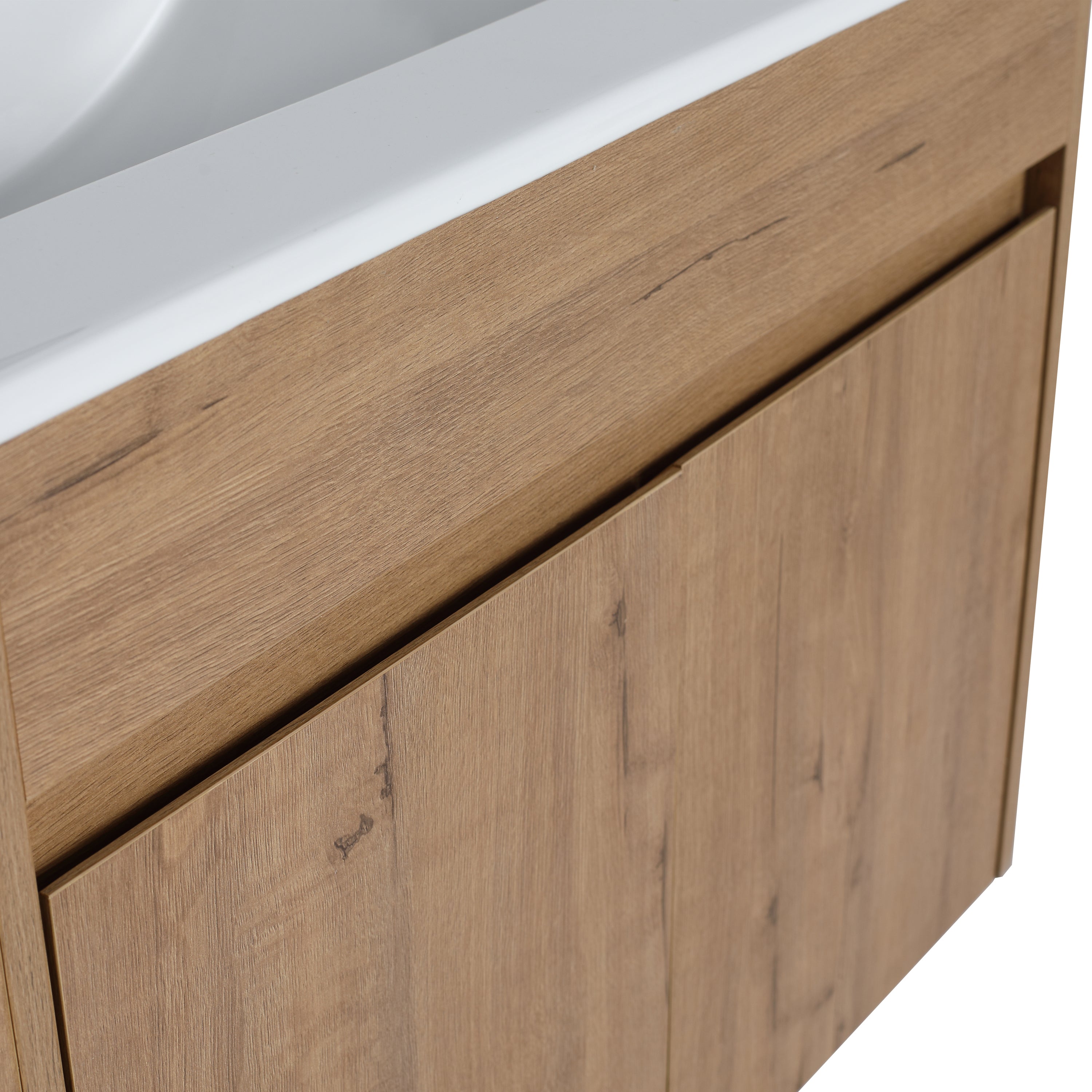 30" Imitative Oak Wall-Mounted Bathroom Vanity With White Ceramic Sink and Adjust Open Shelf