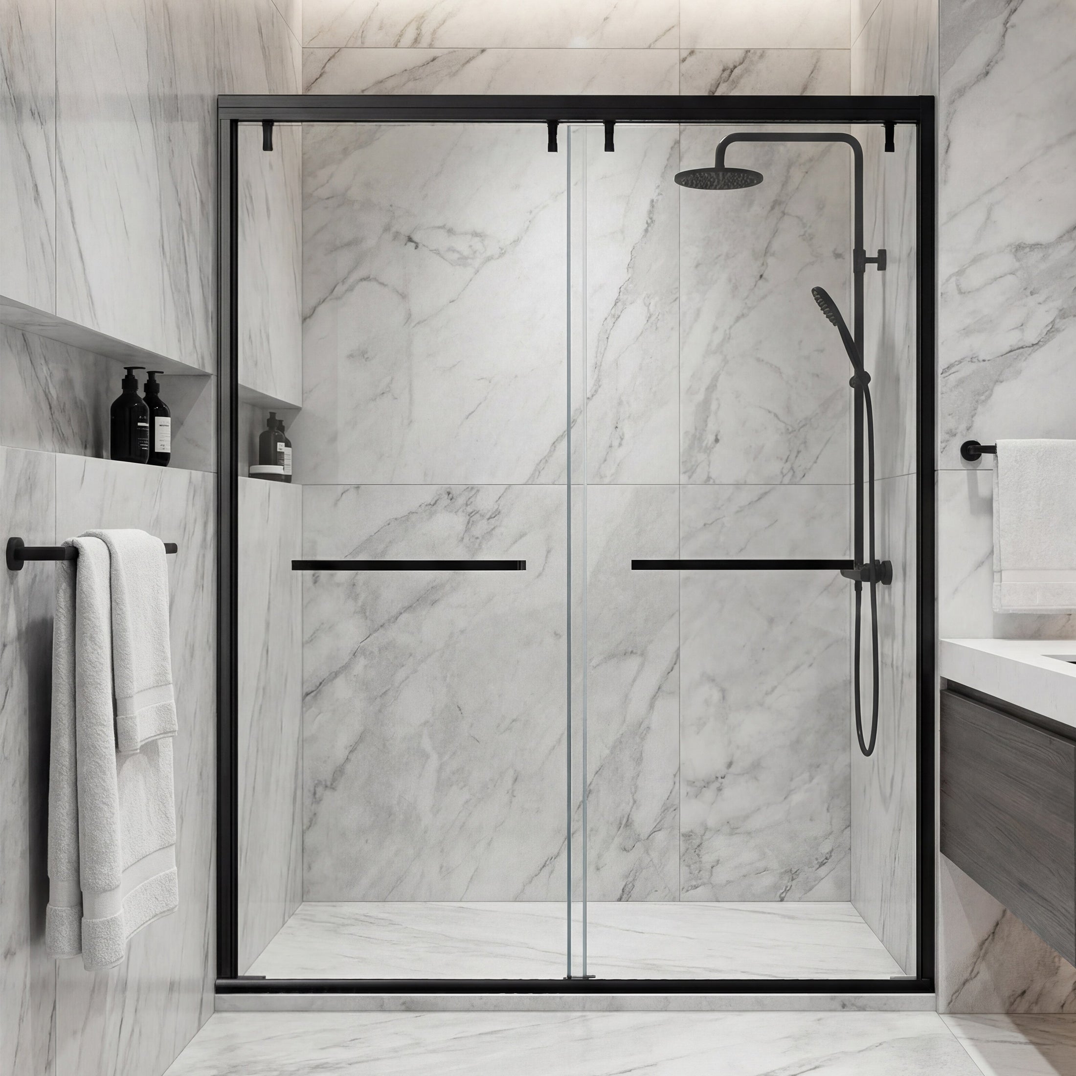 Framed Double Sliding Shower Door with Dual Towel Bars, Stainless Steel