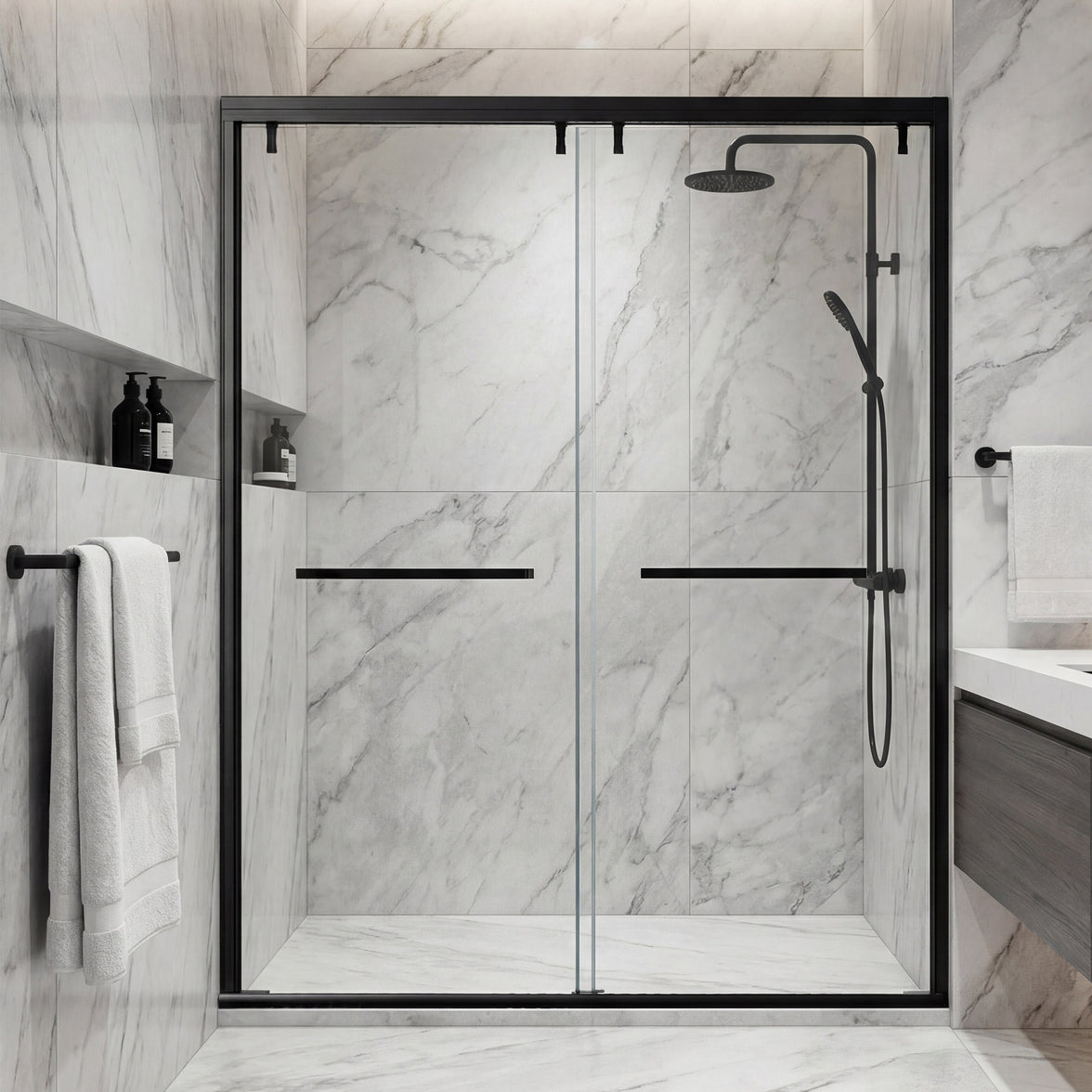 48–52" or 60–64" W x 76" H Matte Black Framed Bypass Shower Door with 5/16"(8mm) Tempered Clear Glass