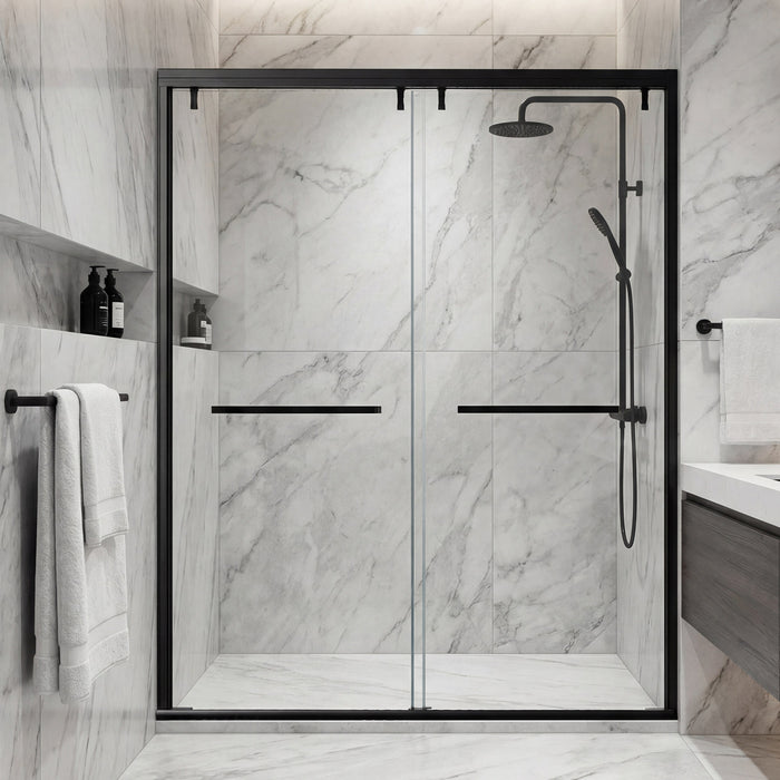 48–52" or 60–64" W x 76" H Matte Black Framed Bypass Shower Door with 5/16"(8mm) Tempered Clear Glass