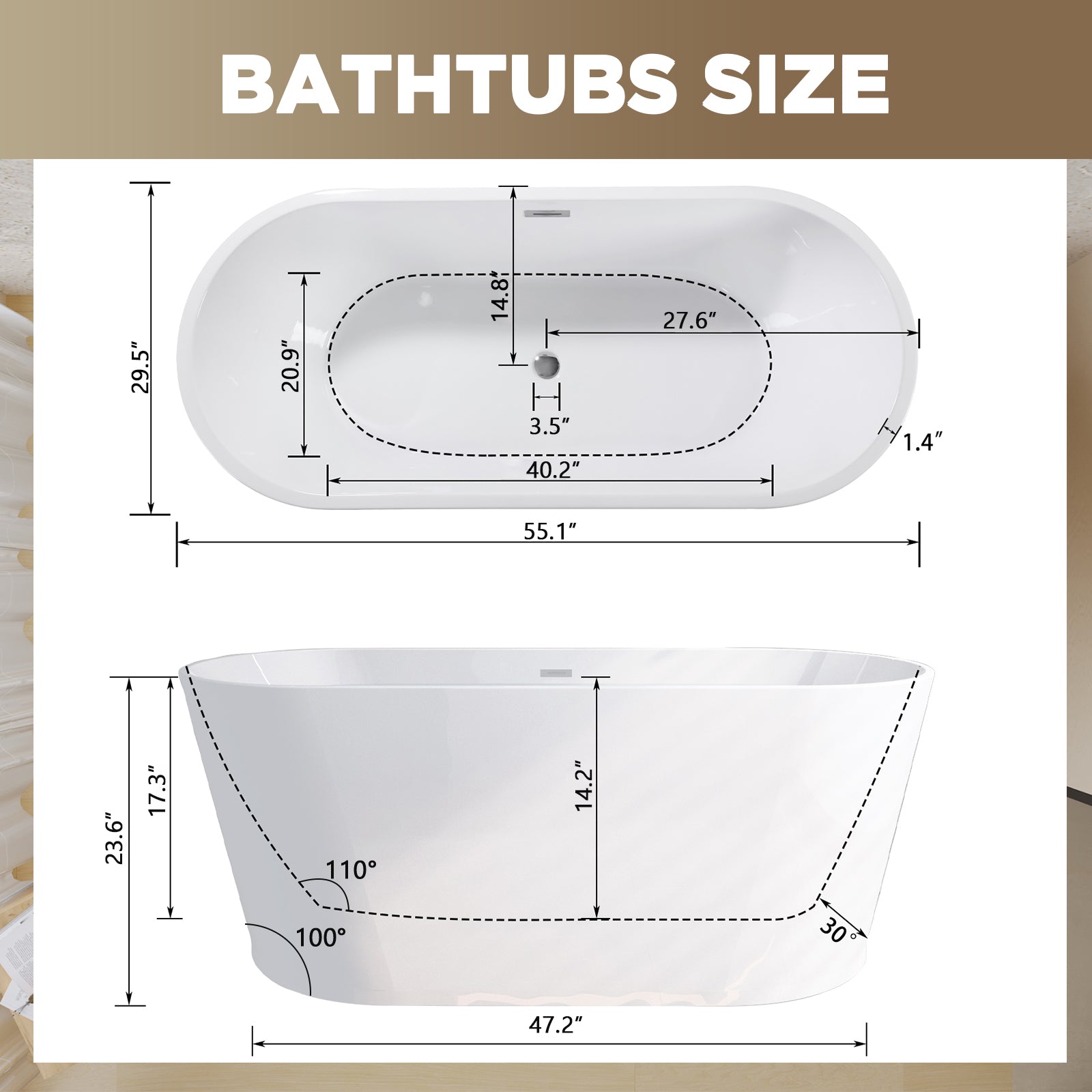 55" Acrylic Freestanding Soaking Bathtub with Pop-Up Drain and Overflow in Gloss White