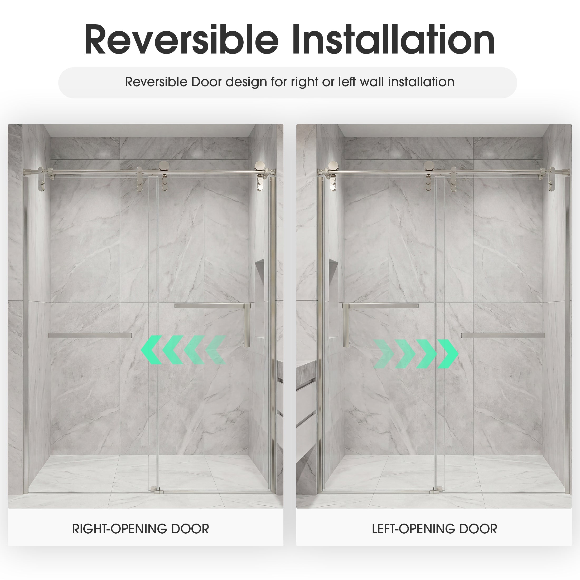 Frameless Double Sliding Shower Door with Side Panel & Towel Bar, Stainless Steel