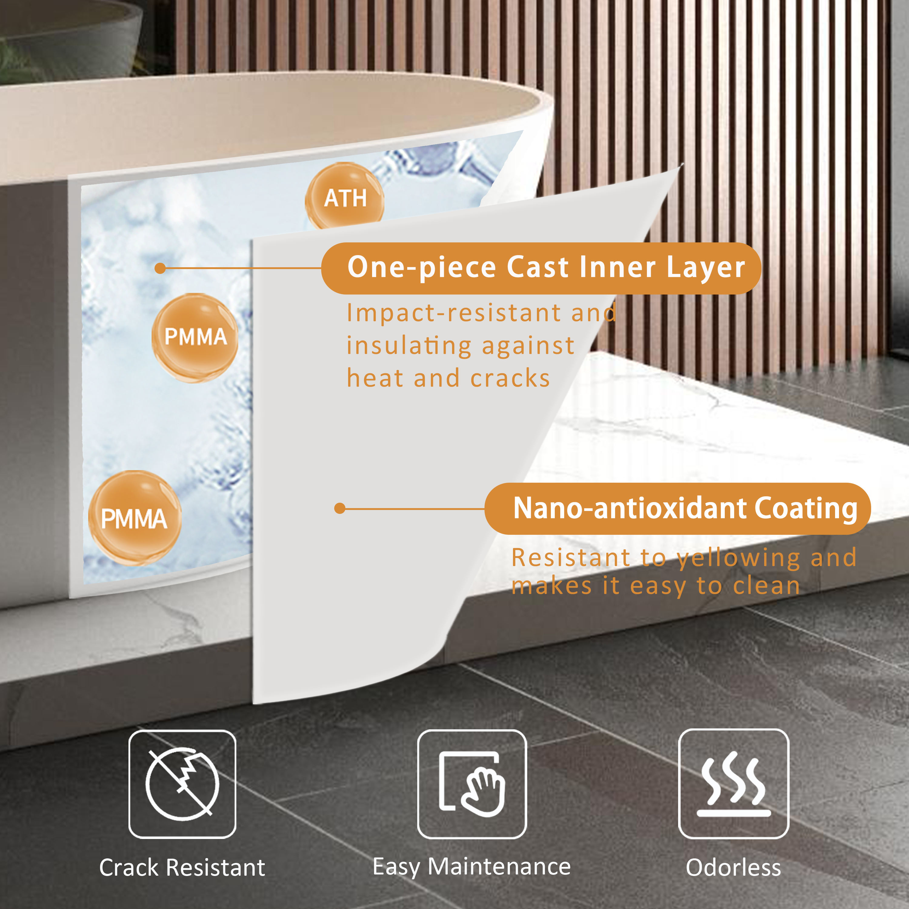 65" Freestanding Solid Surface Bathtub with Pop-Up Drain and Overflow in Matte White