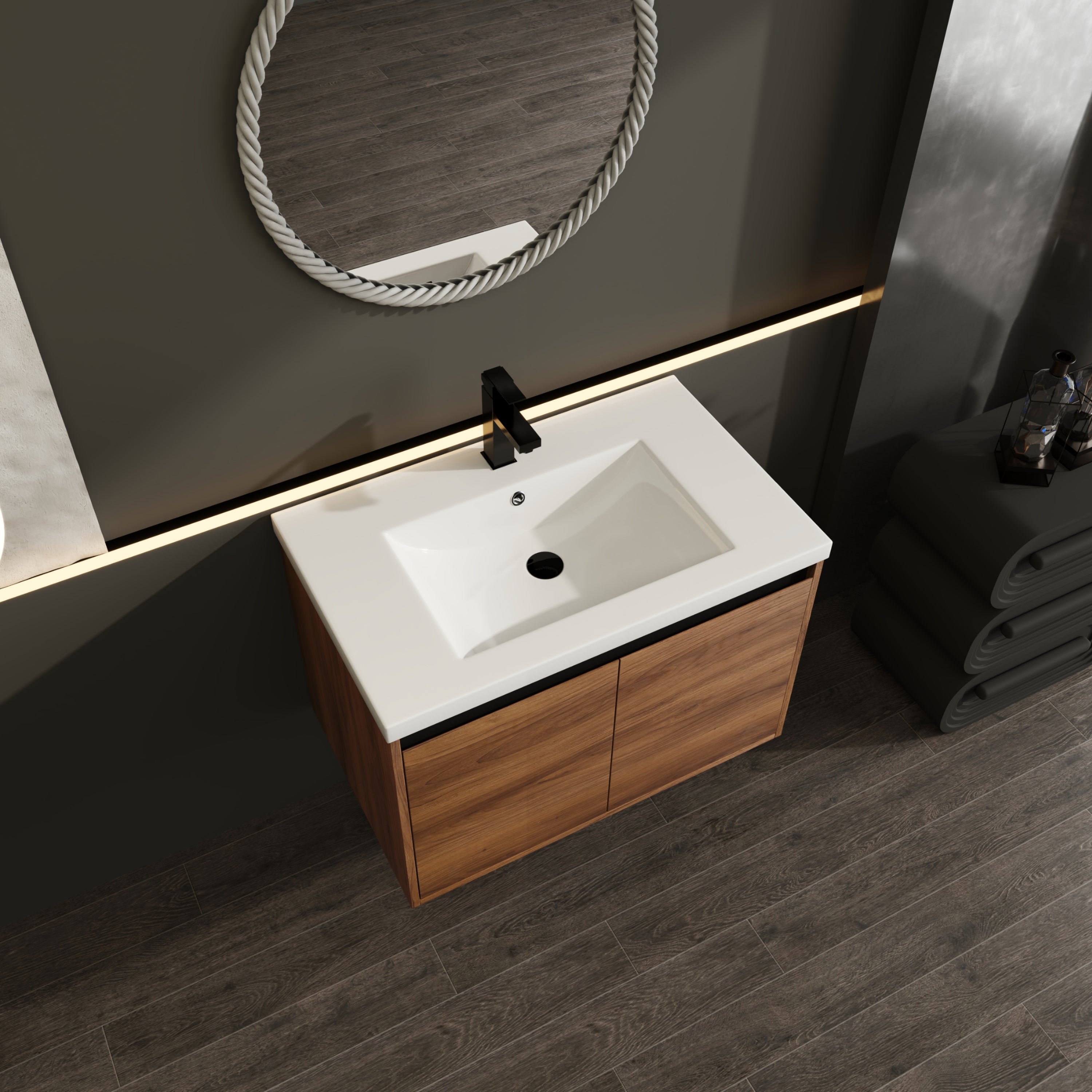 30" Ebony Wall-Mounted Bathroom Vanity in Brown with Resin Sink and Soft-Close Storage