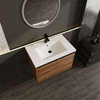 30" Ebony Wall-Mounted Bathroom Vanity in Brown with Resin Sink and Soft-Close Storage