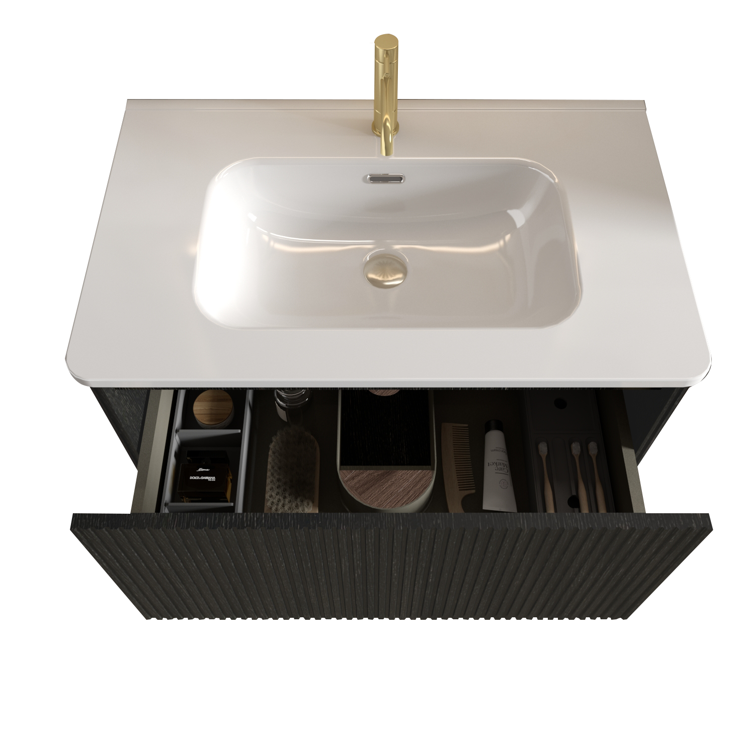30" Striped Oak Wall-Mounted Bathroom Vanity in Black with integrated Ceramic Sink, Fully Assembled