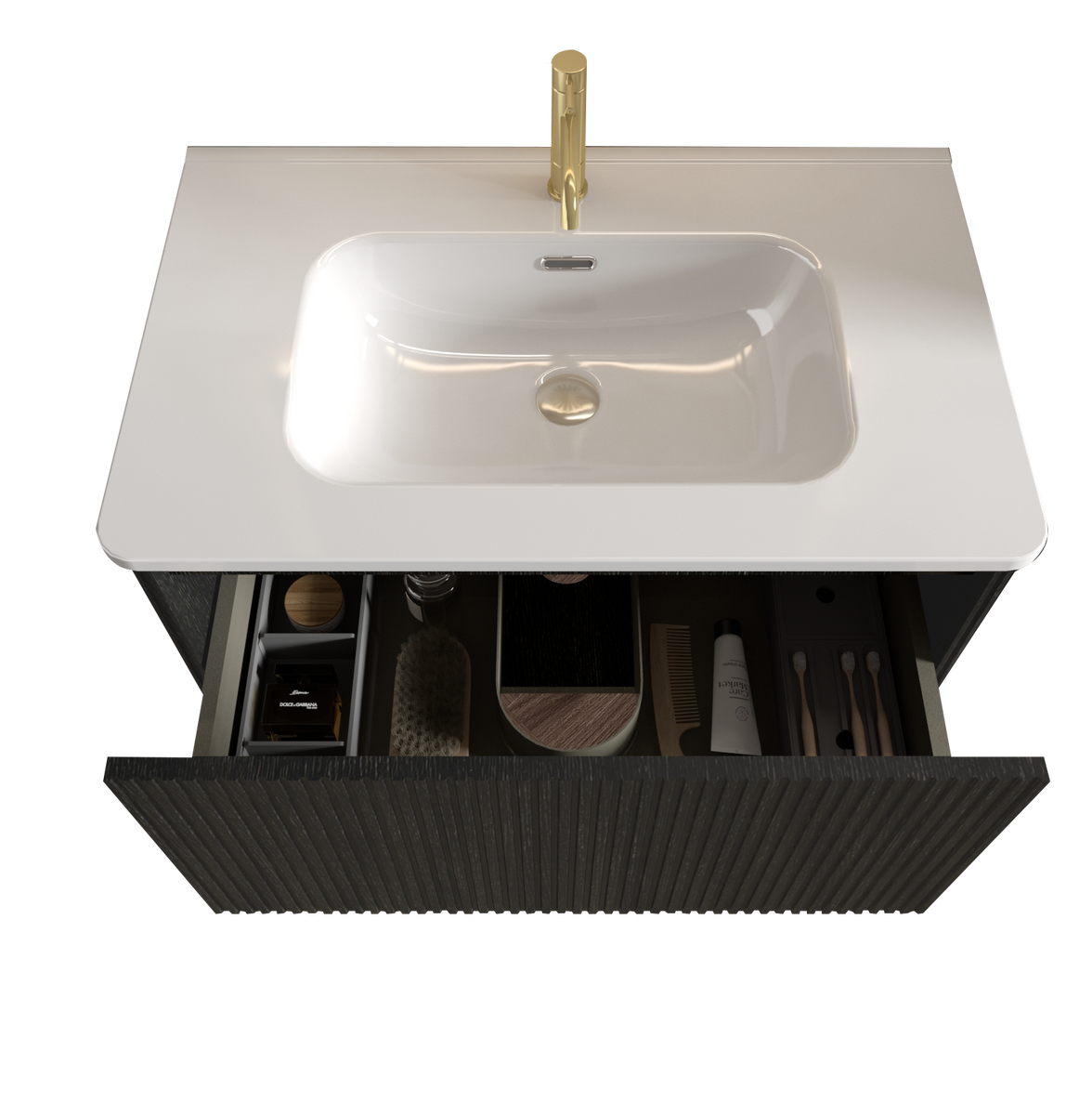 30" Striped Oak Wall-Mounted Bathroom Vanity in Black with integrated Ceramic Sink, Fully Assembled