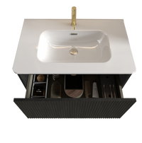 30" Striped Oak Wall-Mounted Bathroom Vanity in Black with integrated Ceramic Sink, Fully Assembled