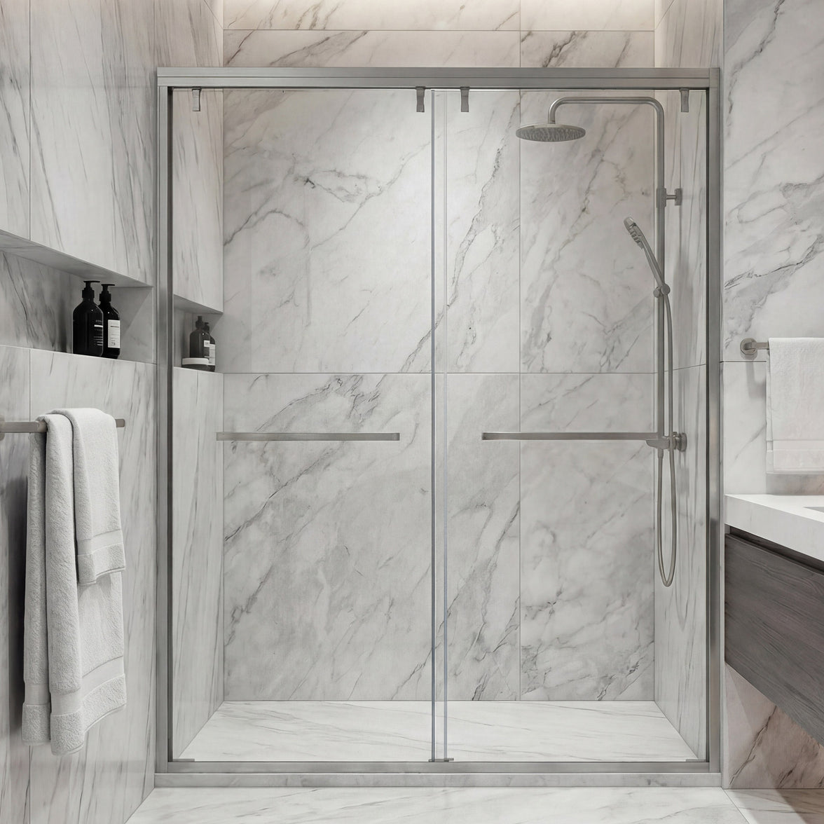 48–52" or 60–64" W x 76" H Matte Black Framed Bypass Shower Door with 5/16"(8mm) Tempered Clear Glass