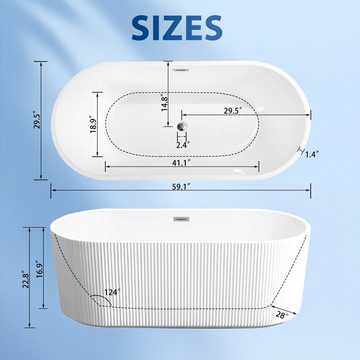 59"Linear AcrylicFreestanding Soaking Bathtub with Pop-Up Drain and Overflow in Gloss White