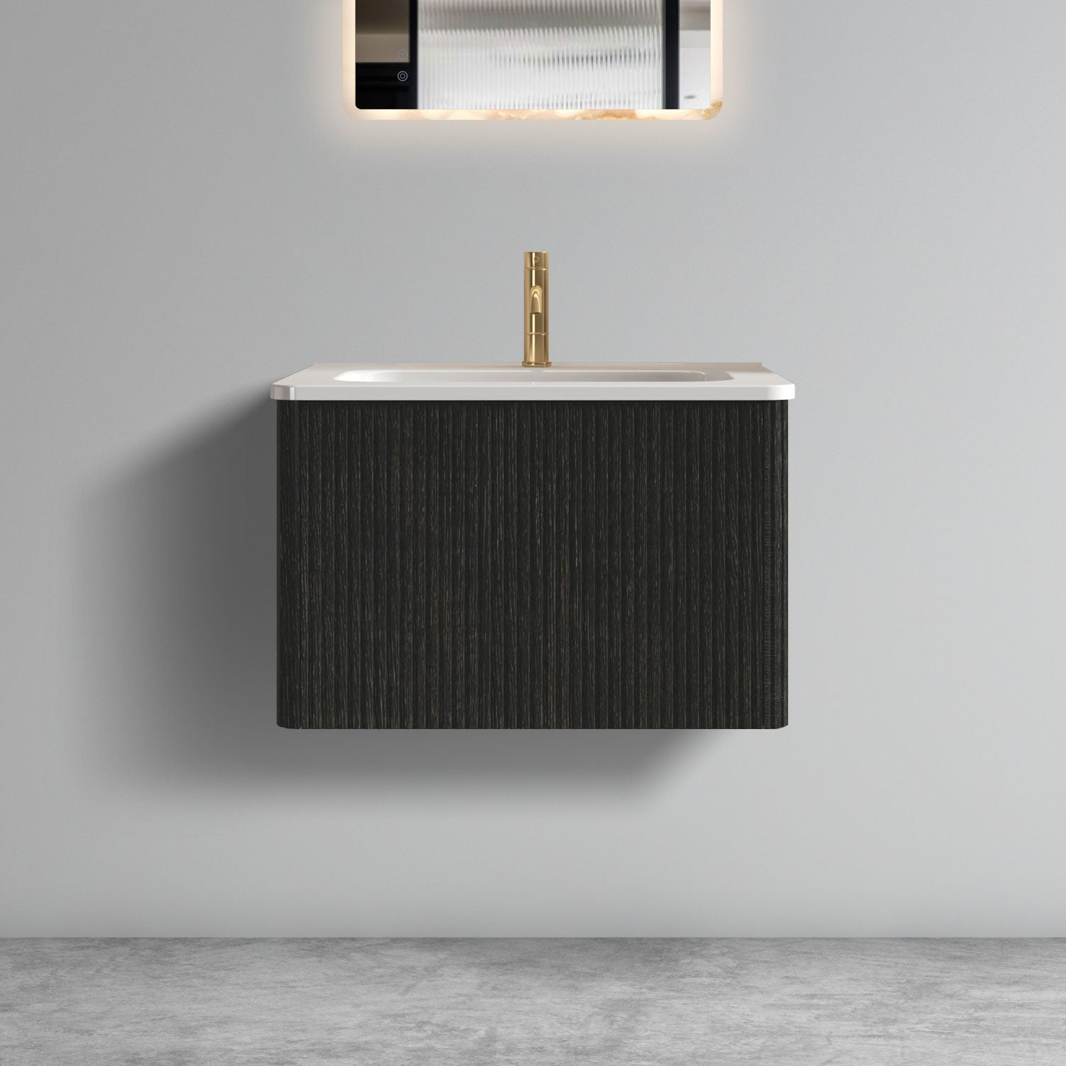 24" Striped Walnut Wall-Mounted Bathroom Vanity with integrated White Ceramic Sink, Fully Assembled