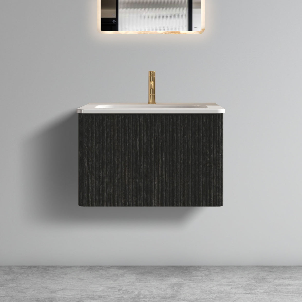 24" Striped Walnut Wall-Mounted Bathroom Vanity with integrated White Ceramic Sink, Fully Assembled