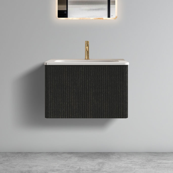 24" Striped Walnut Wall-Mounted Bathroom Vanity with integrated Ceramic Sink, Fully Assembled