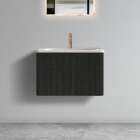 24" Striped Walnut Wall-Mounted Bathroom Vanity with integrated White Ceramic Sink, Fully Assembled
