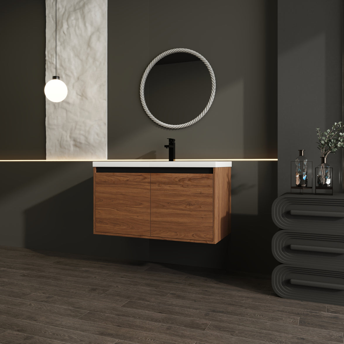 36" Ebony Wall-Mounted Bathroom Vanity in Brown with Resin Sink and Soft-Close Storage