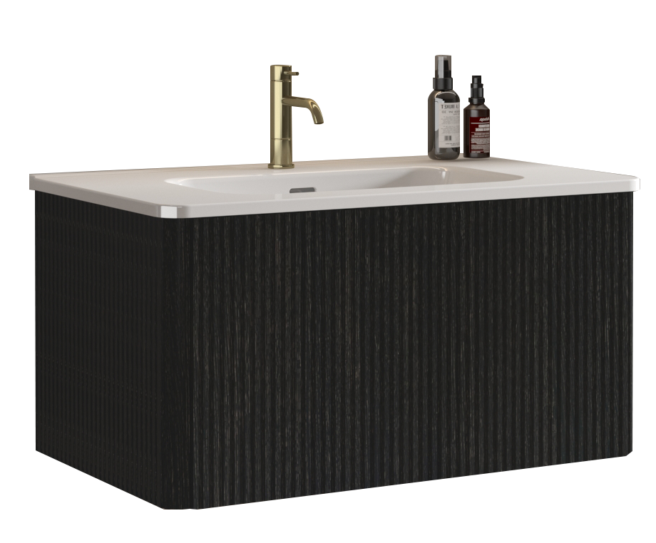 30" Striped Oak Wall-Mounted Bathroom Vanity in Black with integrated Ceramic Sink, Fully Assembled