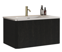 30" Striped Oak Wall-Mounted Bathroom Vanity in Black with integrated Ceramic Sink, Fully Assembled