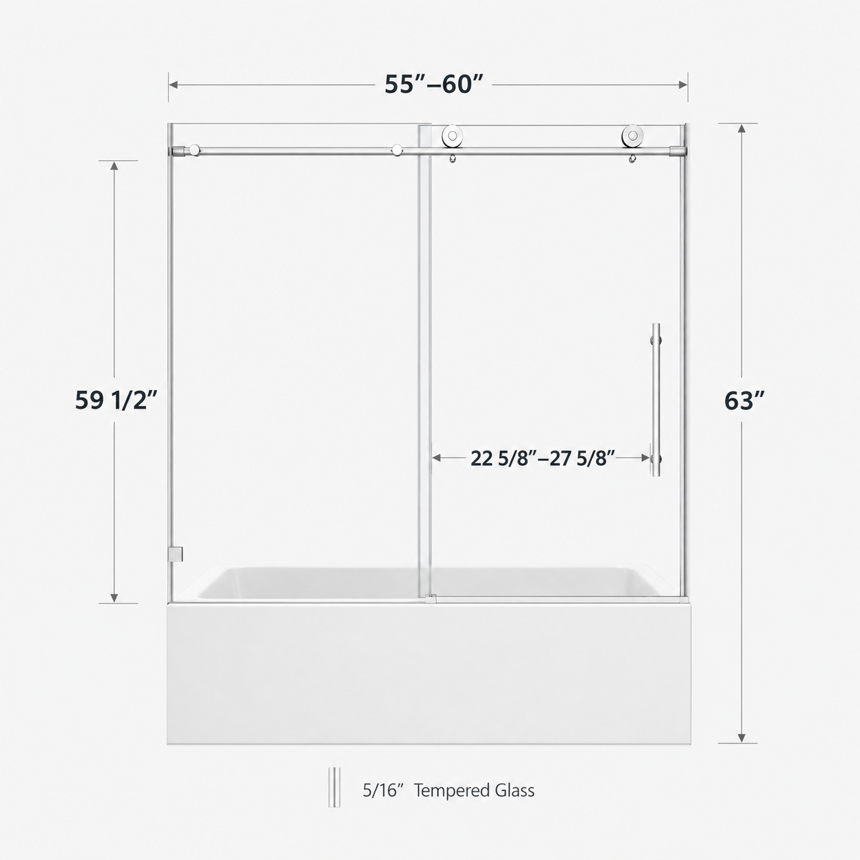 Jade 55"-60"W x 63"H Frameless Single Sliding Bathtub Door with 5/16"(8mm) Tempered Clear Glass and Soft-Close