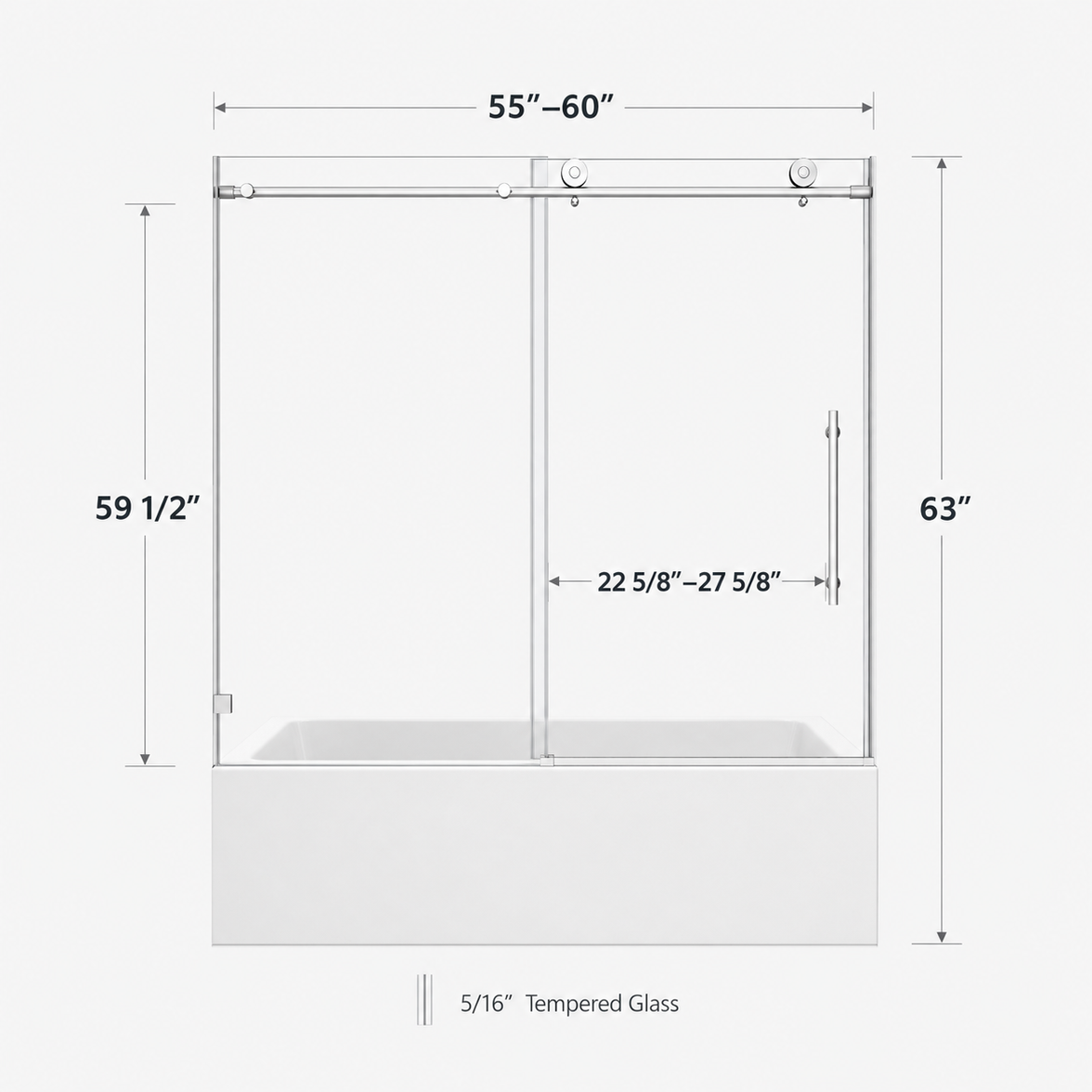 Jade 55"-60"W x 63"H Frameless Single Sliding Bathtub Door with 5/16"(8mm) Tempered Clear Glass and Soft-Close