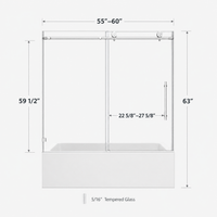 Jade 55"-60"W x 63"H Frameless Single Sliding Bathtub Door with 5/16"(8mm) Tempered Clear Glass and Soft-Close