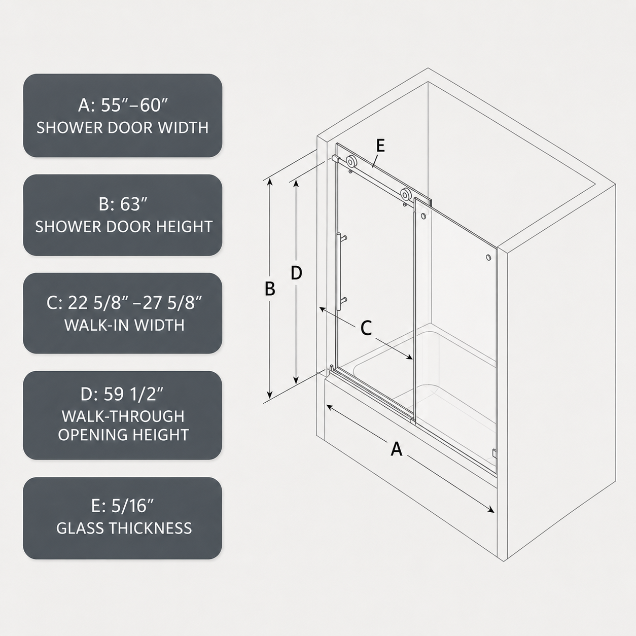 Jade 55"-60"W x 63"H Frameless Single Sliding Bathtub Door with 5/16"(8mm) Tempered Clear Glass and Soft-Close