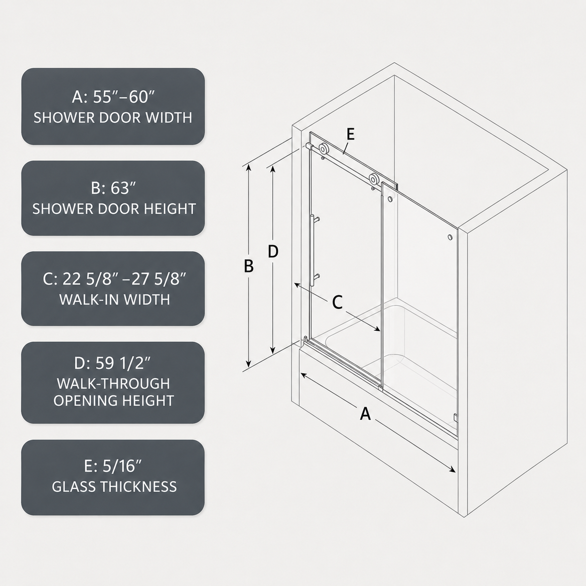 Jade 55"-60"W x 63"H Frameless Single Sliding Bathtub Door with 5/16"(8mm) Tempered Clear Glass and Soft-Close
