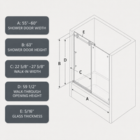 Jade 55"-60"W x 63"H Frameless Single Sliding Bathtub Door with 5/16"(8mm) Tempered Clear Glass and Soft-Close