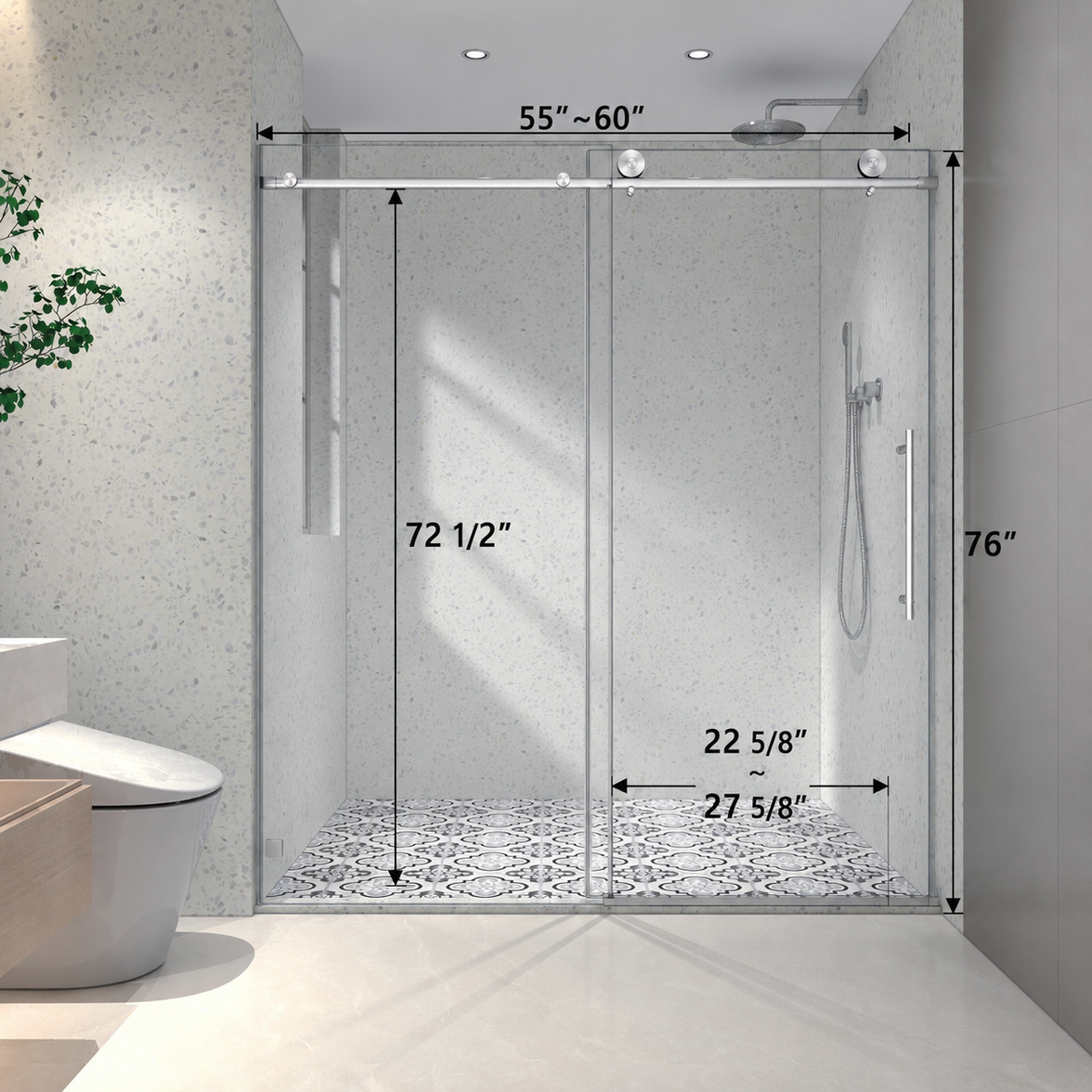 Jade 55"-60"W x 76"H Frameless Single Sliding Shower Door with 5/16"(8mm) Tempered Clear Glass and Soft-Close