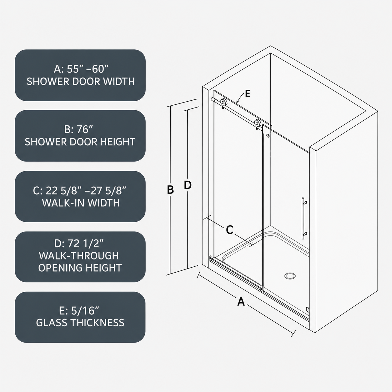 Jade 55"-60"W x 76"H Frameless Single Sliding Shower Door with 5/16"(8mm) Tempered Clear Glass and Soft-Close