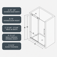 Jade 55"-60"W x 76"H Frameless Single Sliding Shower Door with 5/16"(8mm) Tempered Clear Glass and Soft-Close