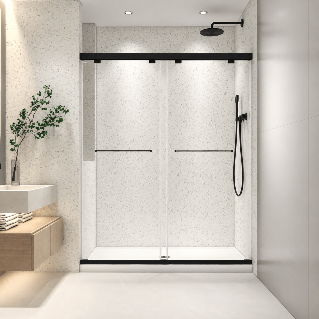 Astra 49"-54" or 55"-60" W x 76" H Frameless Double Sliding Shower Door with 5/16"(8mm) Tempered Clear Glass and Soft-Close in Matte Black