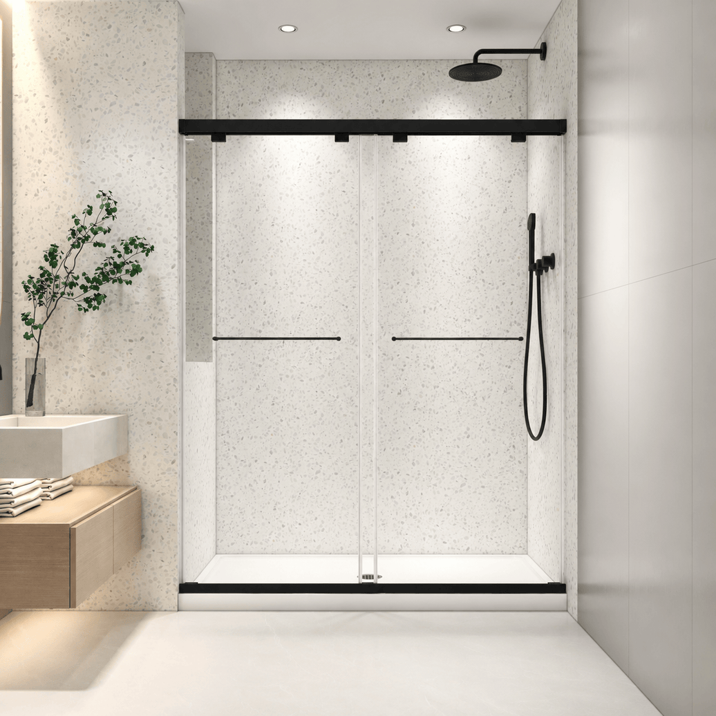 Astra 49"-54" or 55"-60" W x 76" H Frameless Double Sliding Shower Door with 5/16"(8mm) Tempered Clear Glass and Soft-Close in Matte Black