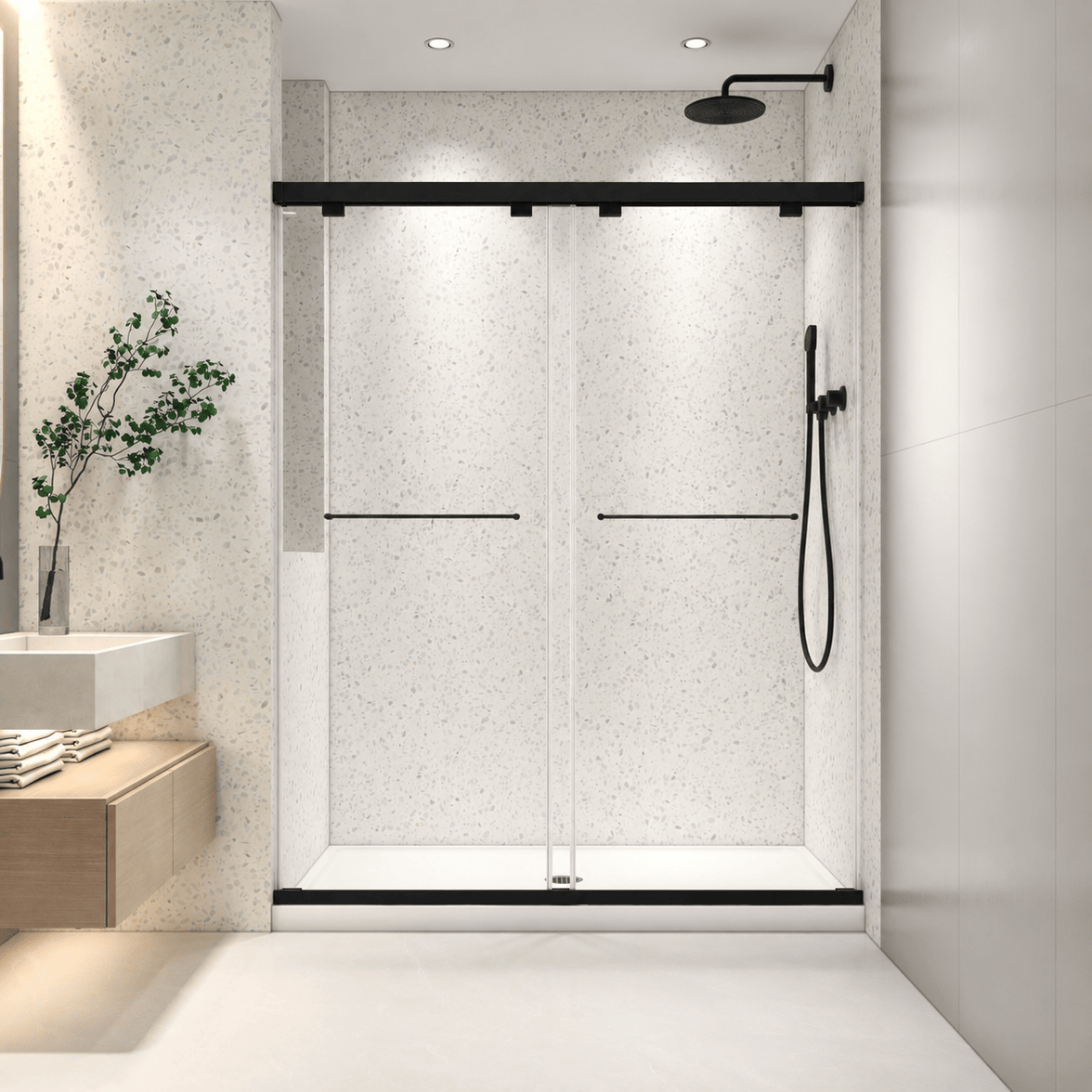 Astra 49"-54" or 55"-60" W x 76" H Frameless Double Sliding Shower Door with 5/16"(8mm) Tempered Clear Glass and Soft-Close in Matte Black
